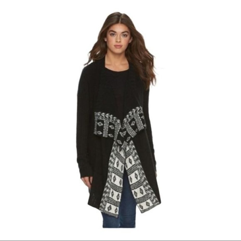 MUDD Border Print Draped Cardigan Black & White size Large